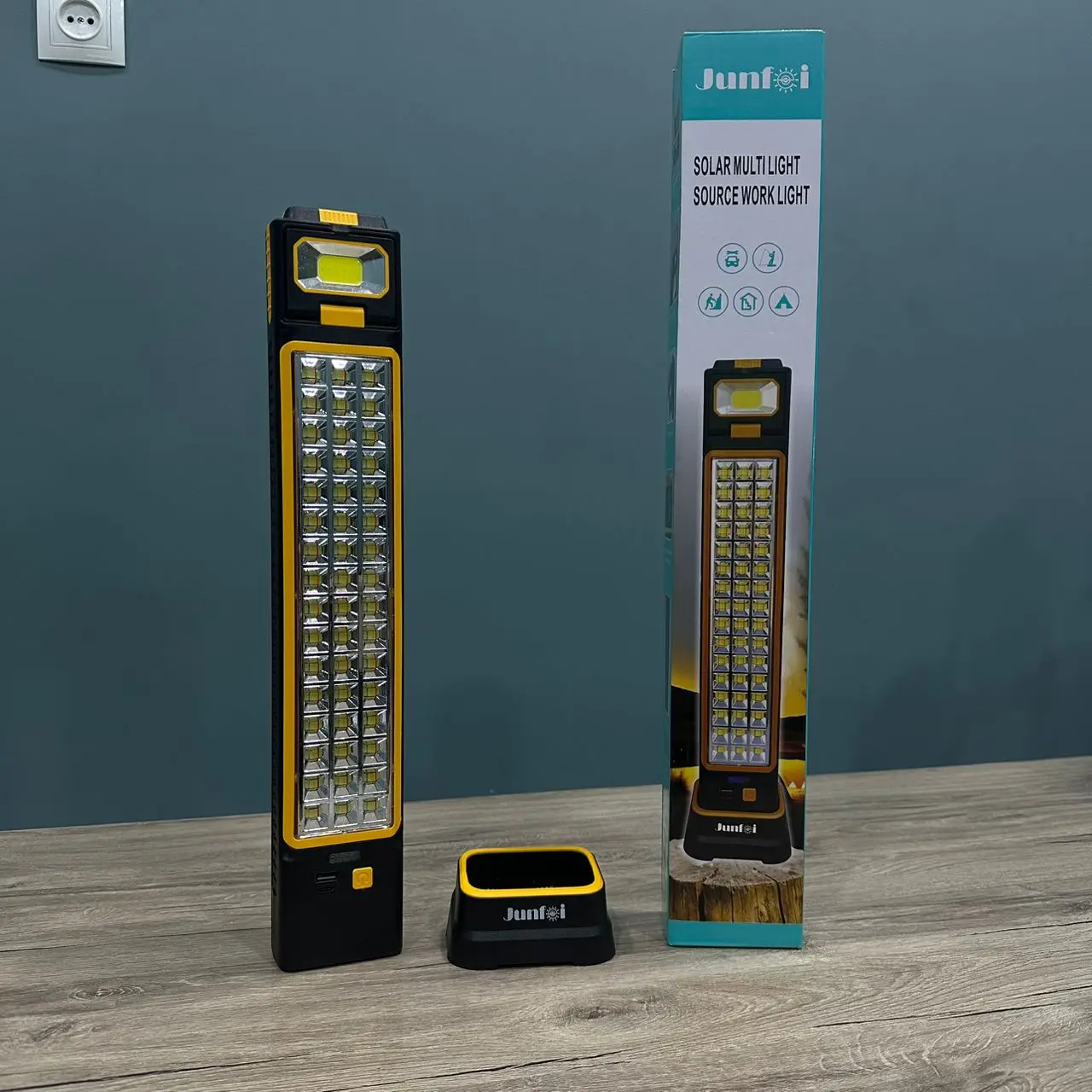 FANOUS LANTERNE CAMPING JUNFOI JF-8035B LAMPE LED ET GYROPHARE AVEC BATTERY RECHARGEABLE ET PANNEAU SOLAIRE OUT USB YELLOW JAUNE